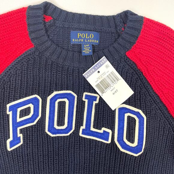 Polo Ralph‎ Lauren Navy Red Cable Knit Sweater Pullover Boys NWT Size 4/4T - Picture 4 of 4